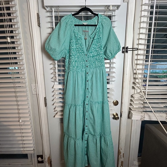 Sundance NWOT Teal Striped Maxi Dress XL Short Sleeve Cottagecore Milkmaid - Picture 5 of 11